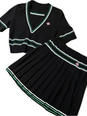 Black Knit Two-Piece Tennis-Inspired Set with Green & White Trim